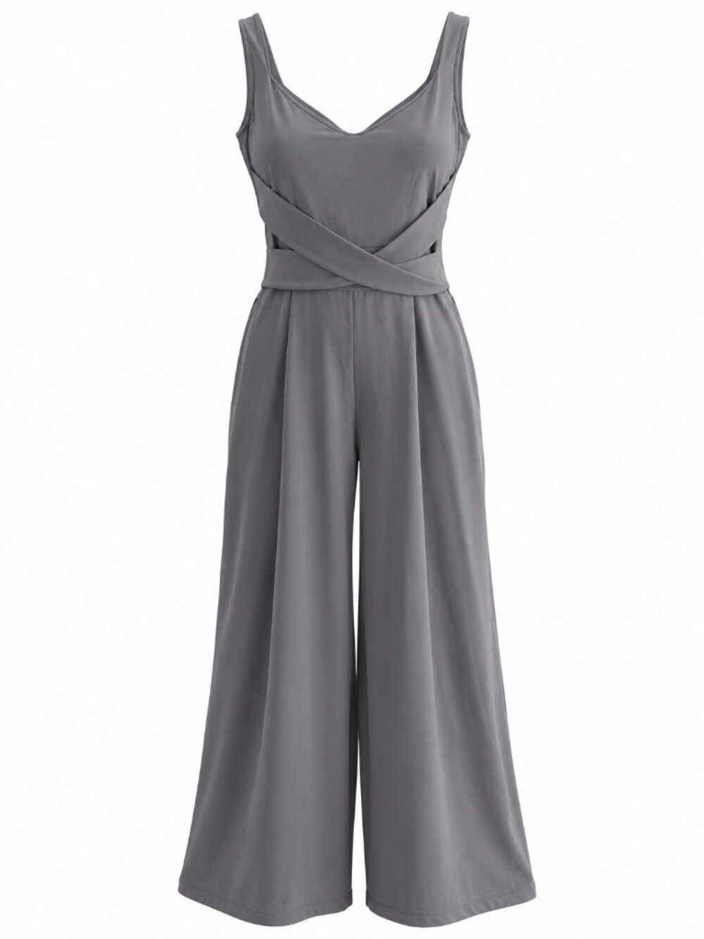 HALARA L U Back Sleeveless Wide Leg Jumpsuit Gray Crossover Wrap Front Pockets
